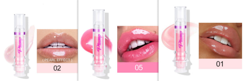 Liquid lip gloss with clear tube and purple-pink label; lip swatches show 02, 05, 01.