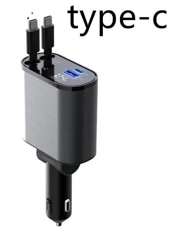 Car charger with two stacked connector plugs, dual ports on black-gray body