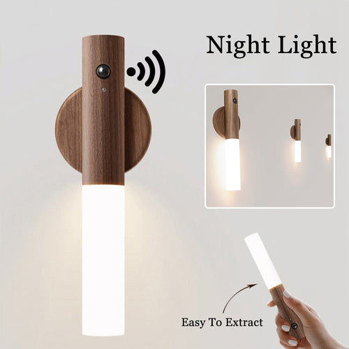 Walnut wood magnetic night light with white cylinder and round motion sensor