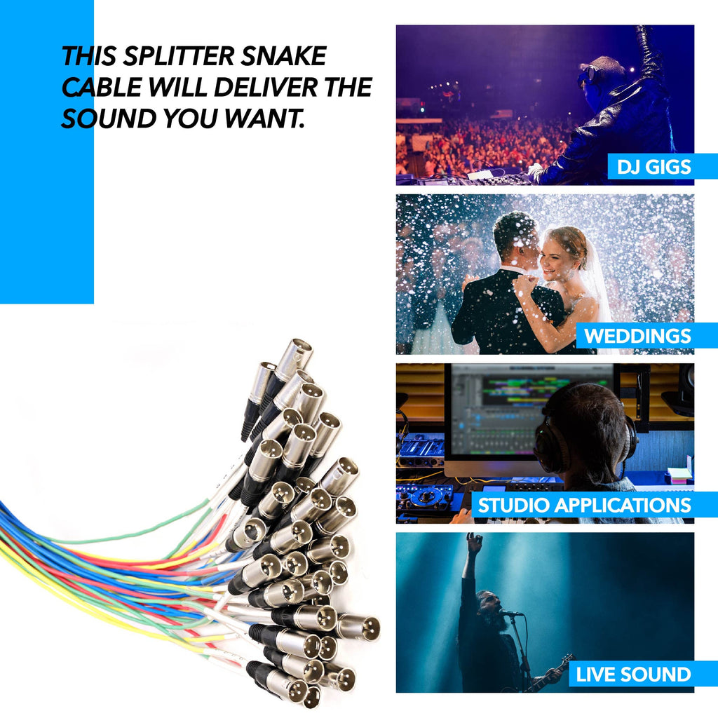 Audio splitter snake cable with stacked XLR/TRS connector plugs and multicolor wires