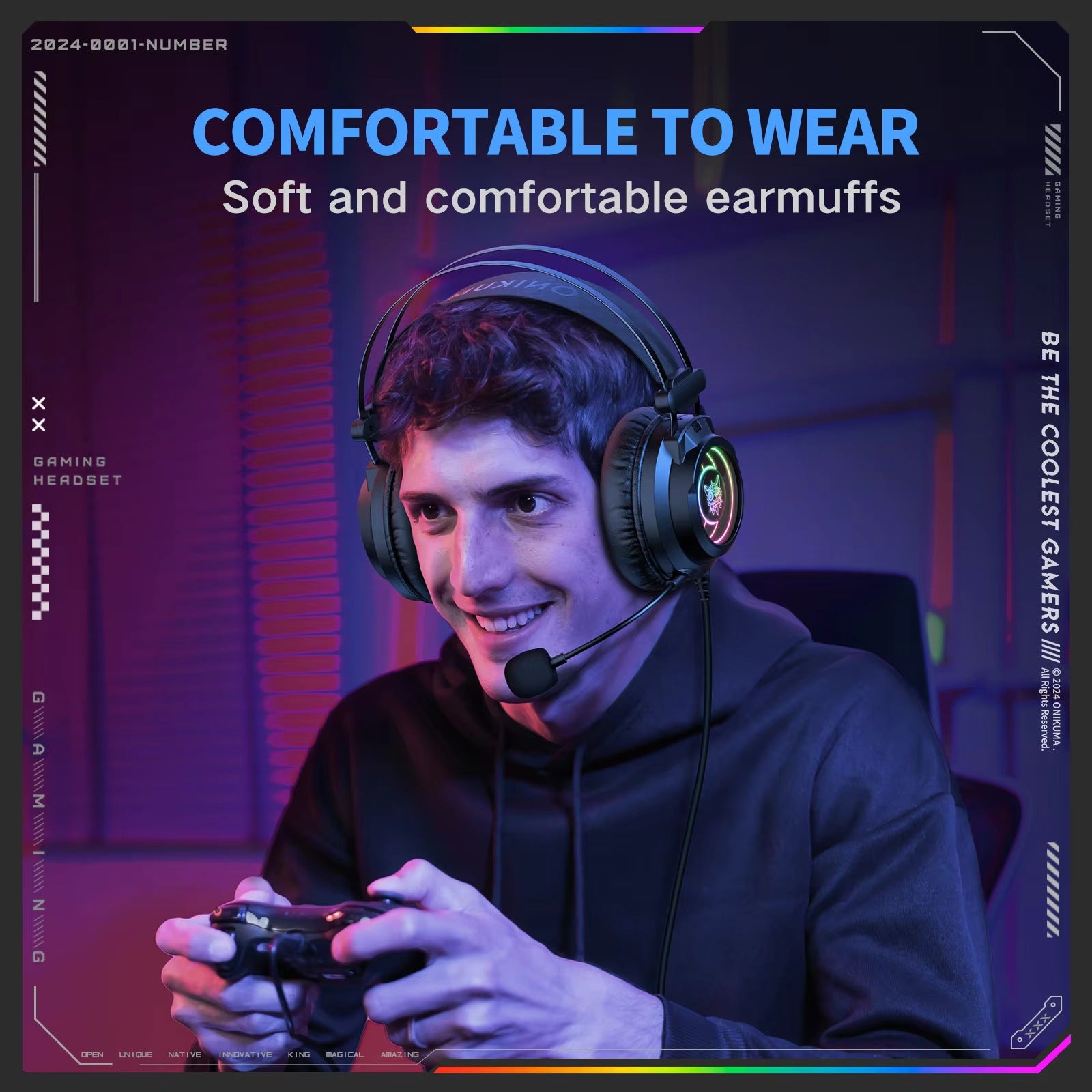 Black over-ear gaming headset worn with boom mic, RGB light on ear cups