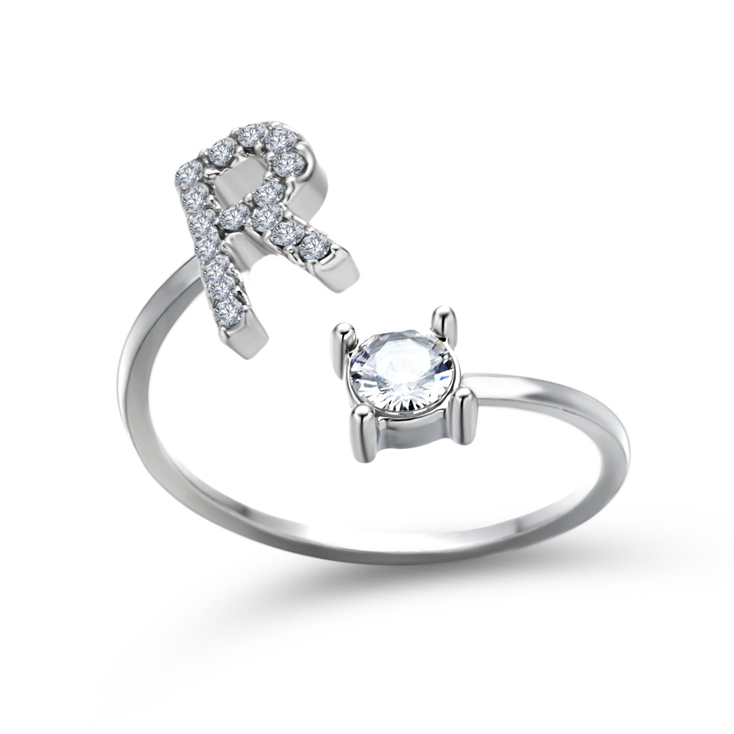 Silver adjustable initial letter ring with round crystal center and crystal-set letter