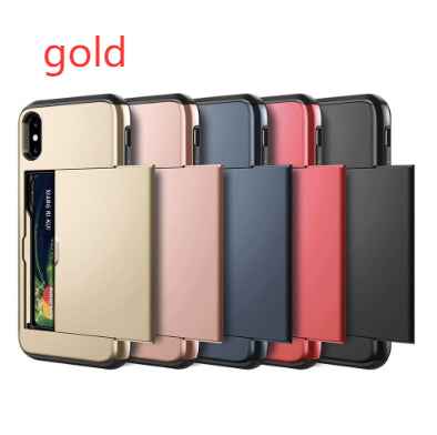 Gold-tone phone card cases with flip front card holders, shown side by side