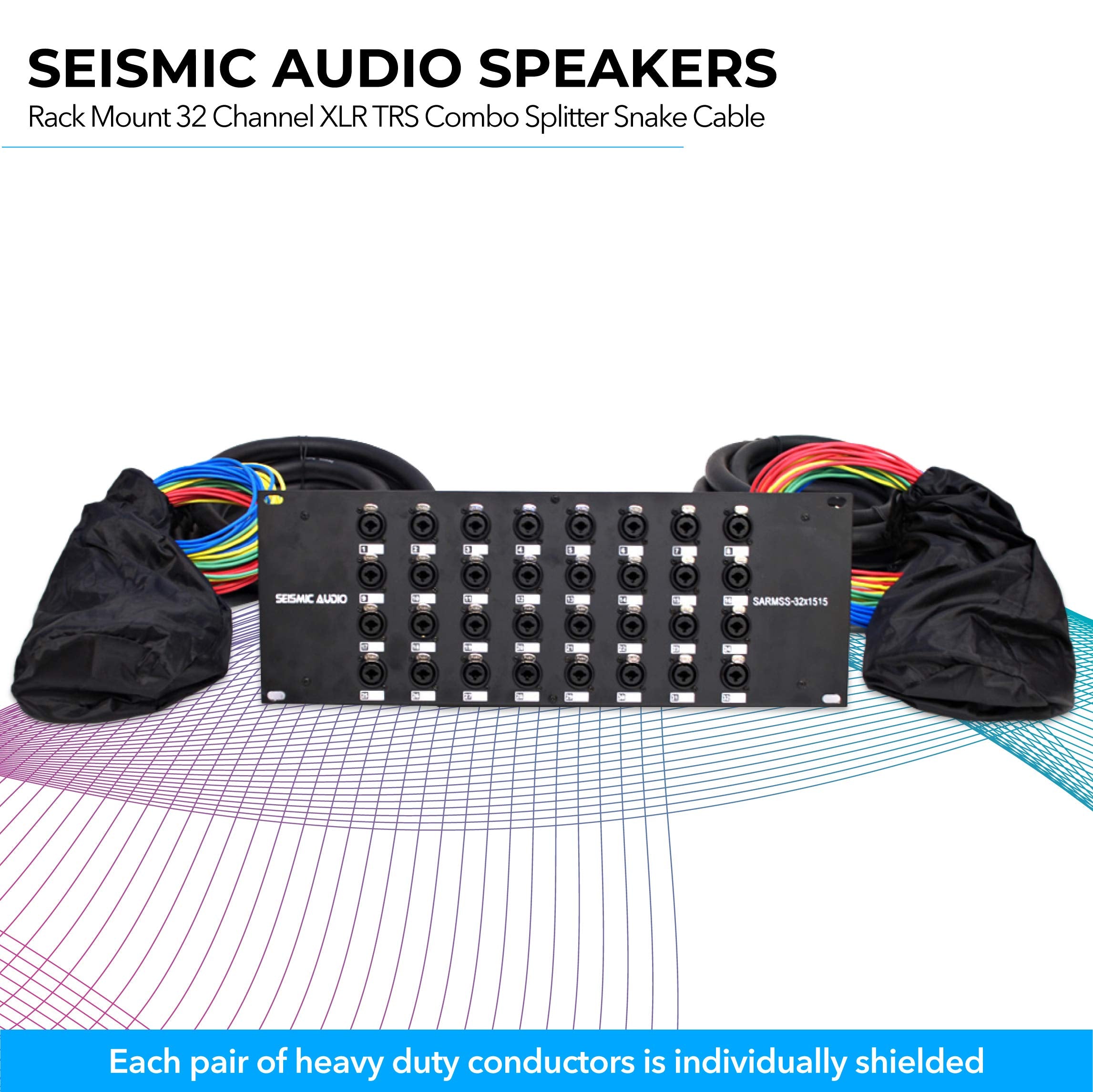 Rack-mount XLR/TRS splitter snake cable with colorful leads and 16 combo jacks