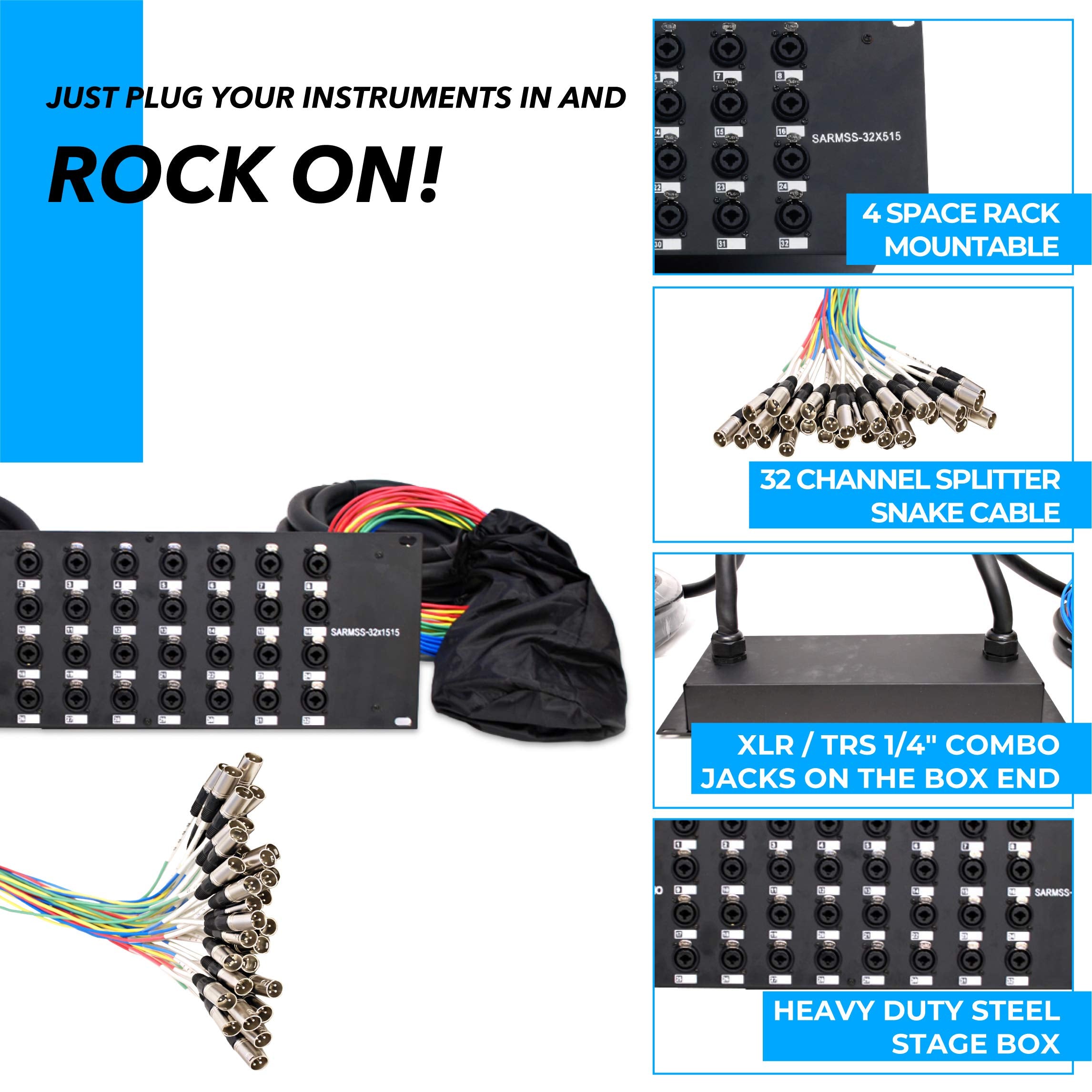Rack-mount XLR/TRS splitter snake cable with connector fan-out and trunk wire bundle