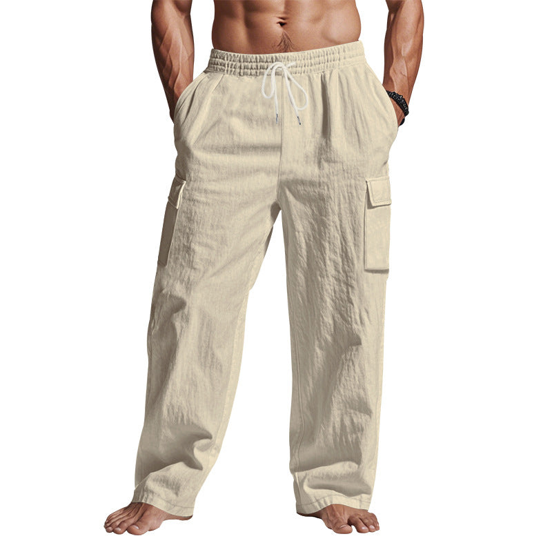 Beige linen cargo pants with elastic drawstring waist and side leg pockets