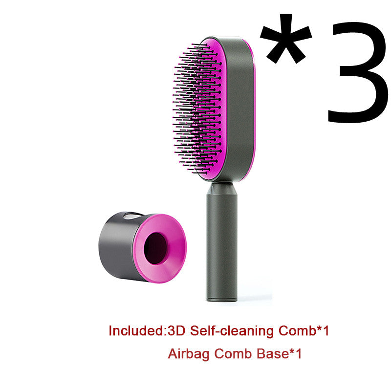 Self-cleaning airbag hair brush with pink-magenta bristle head and gray handle, with base