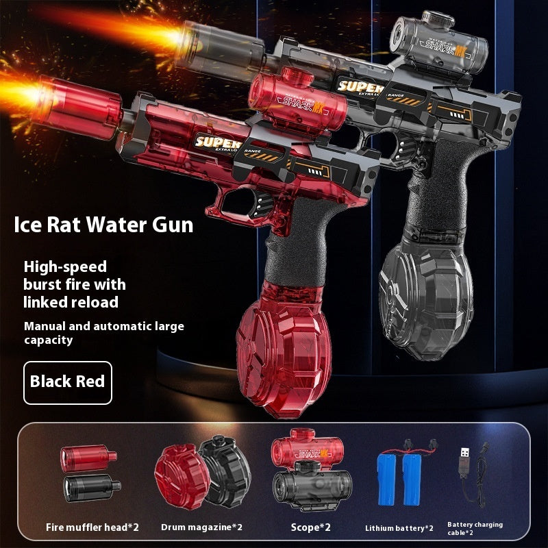 Electric water gun with red transparent drum and black pistol grip