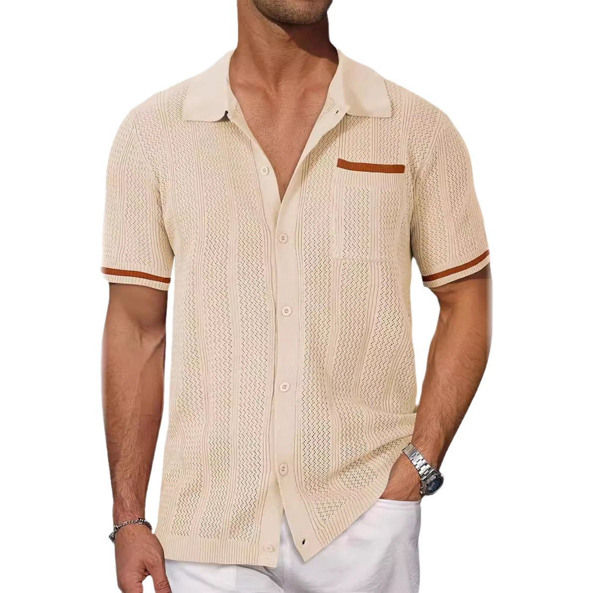 Men’s short-sleeve knit shirt, light cream, button-front with chest pocket and contrast sleeve trim.
