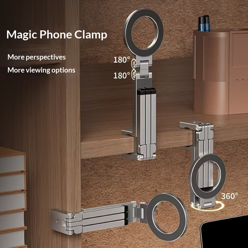 Gray magnetic phone clamp holder mounted on a surface with a circular ring