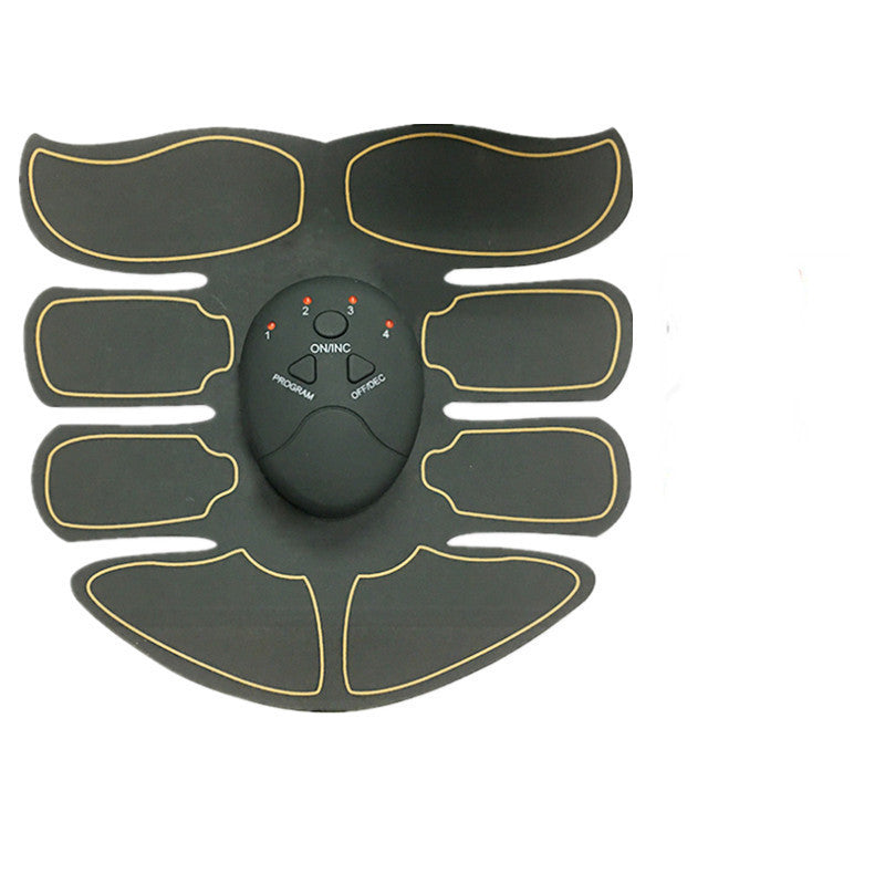 Black EMS abs muscle trainer belt with yellow trim electrode pads and center controller