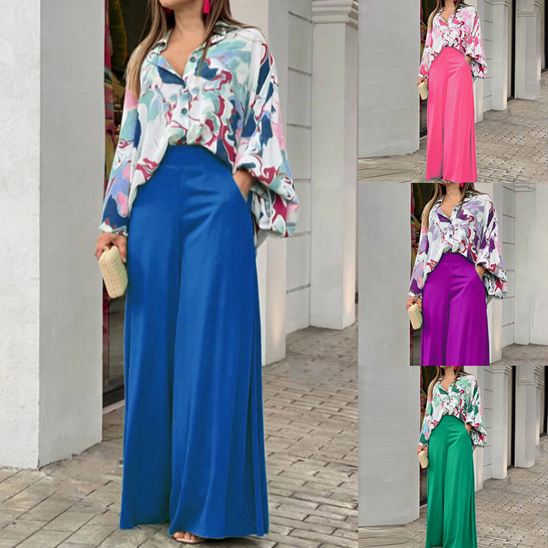 Printed shirt top and wide-leg pants set, multicolor print with blue, purple, and pink pants