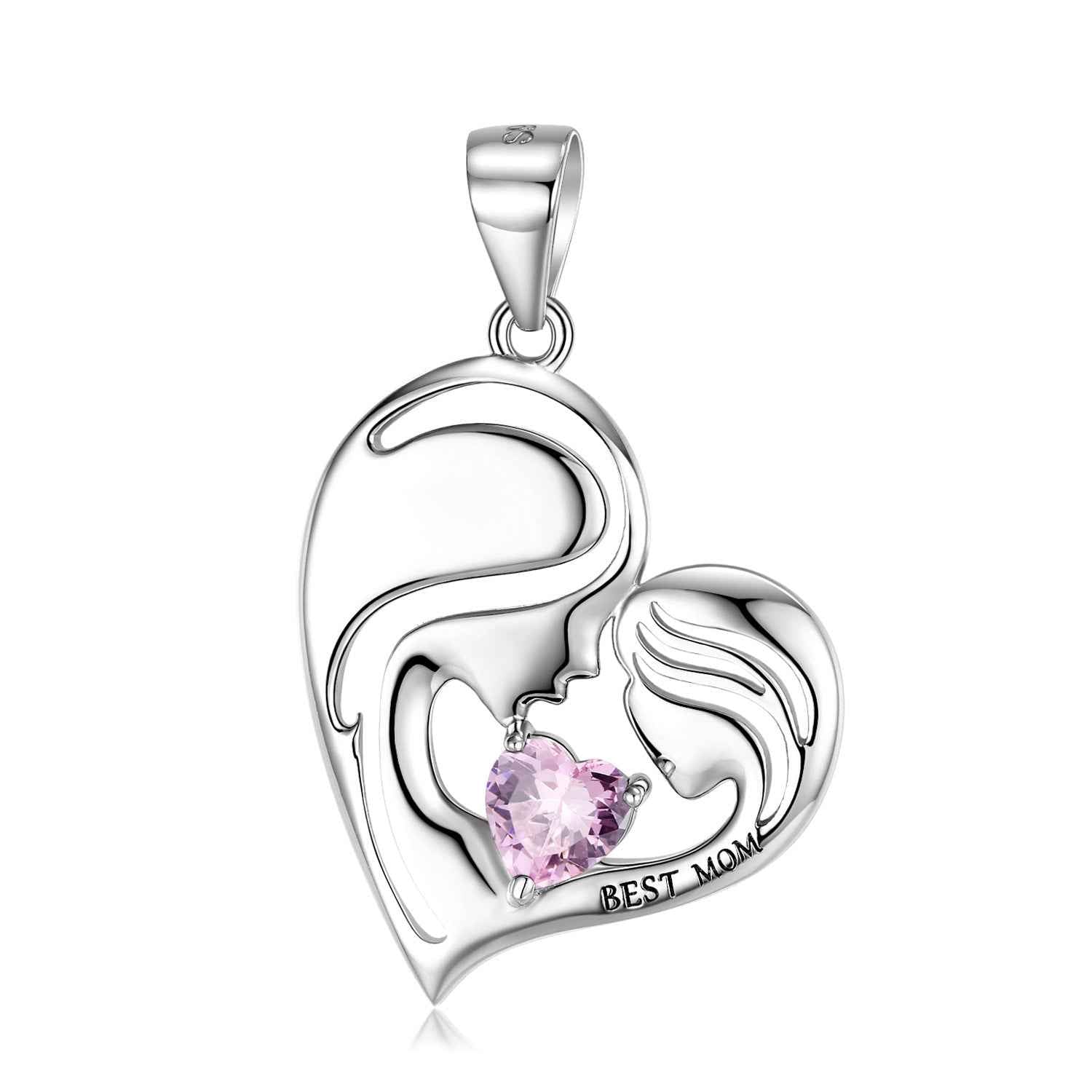 S925 sterling silver heart pendant with lilac-pink crystal and Best Mom engraving