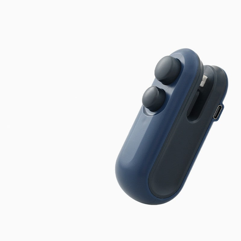 Handheld heat sealer, blue model with dual buttons and USB charging port