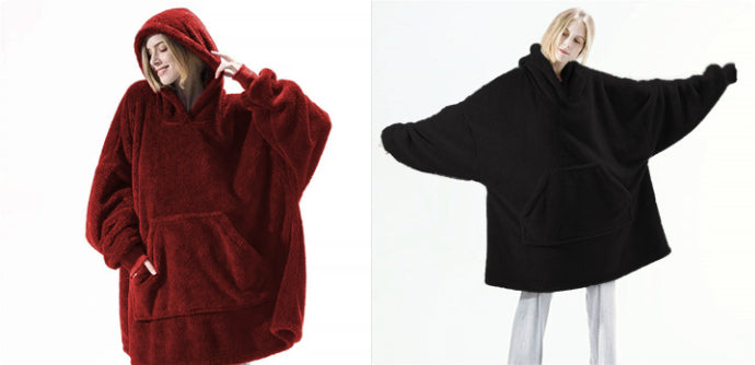 Fleece hoodie sweatshirt in burgundy red and black, hooded with large front pocket