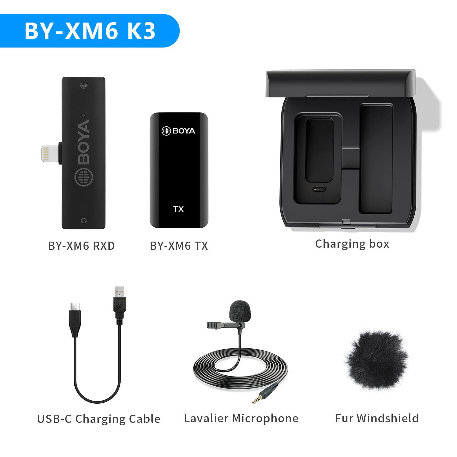 Wireless microphone set with charging box, USB-C cable, lavalier mic, and foam windscreen