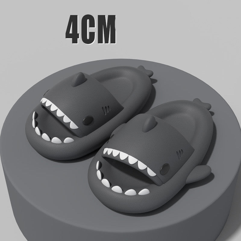 Cartoon shark slippers, charcoal gray slide-on sandals with white teeth and fin details