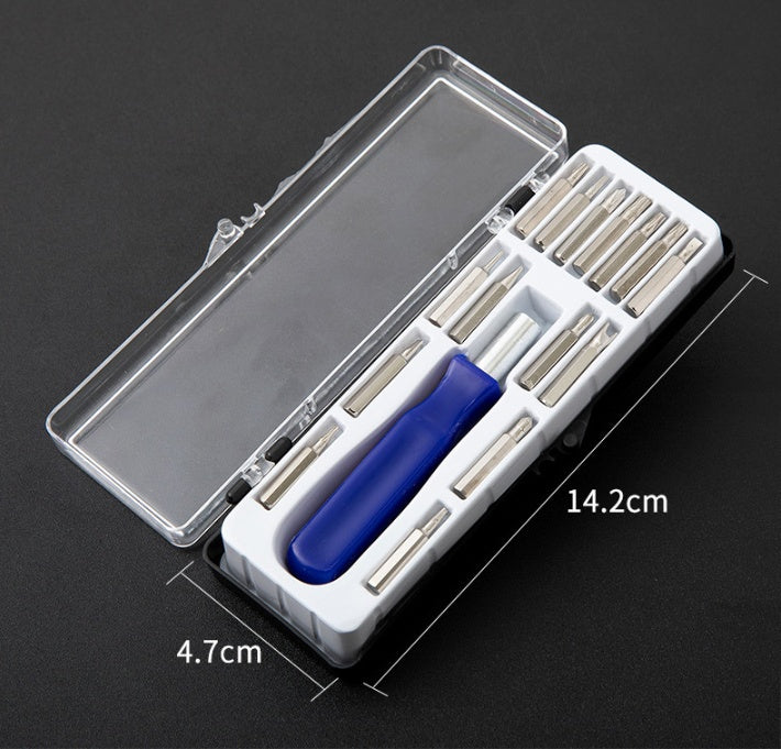 Screwdriver set case with blue handle and metal bits, 14.2cm x 4.7cm