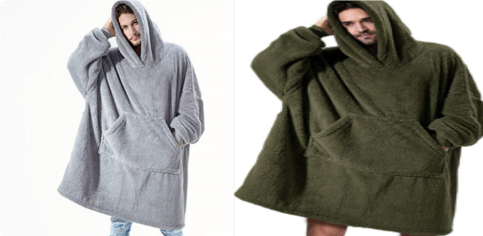 Light gray and olive fleece hoodie sweatshirts with large kangaroo pockets and hoods
