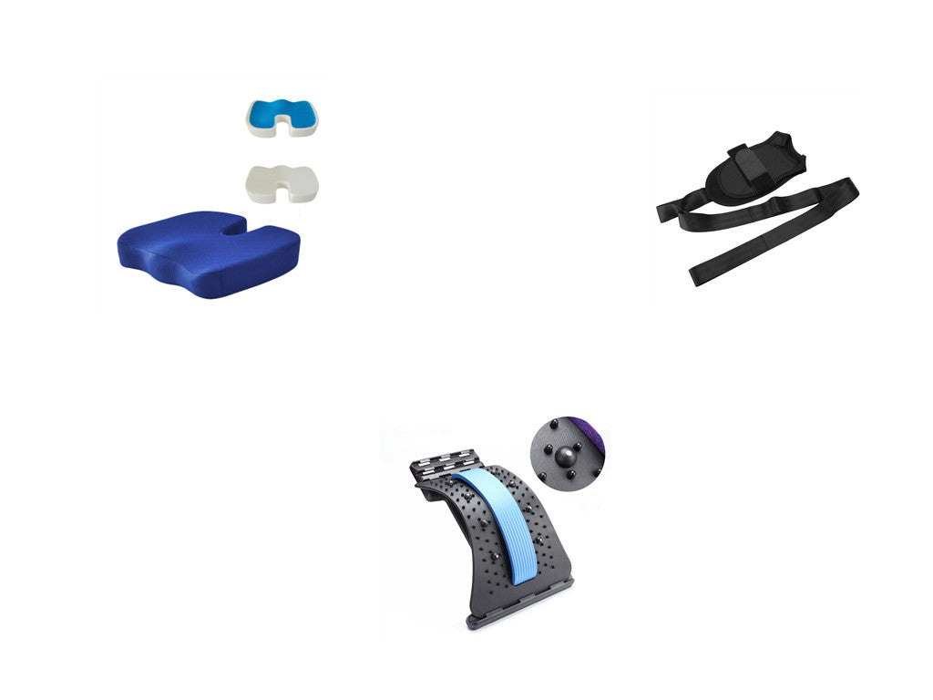 Lumbar traction set components: blue pad, white piece, and black fastening strap.