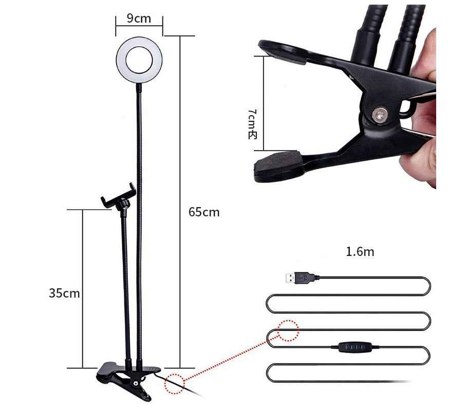 LED selfie ring light with stand and size diagram, includes phone mount and cable