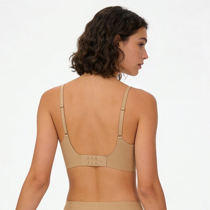 V-neck lace seamless bra, light tan back view with adjustable straps and lace neckline
