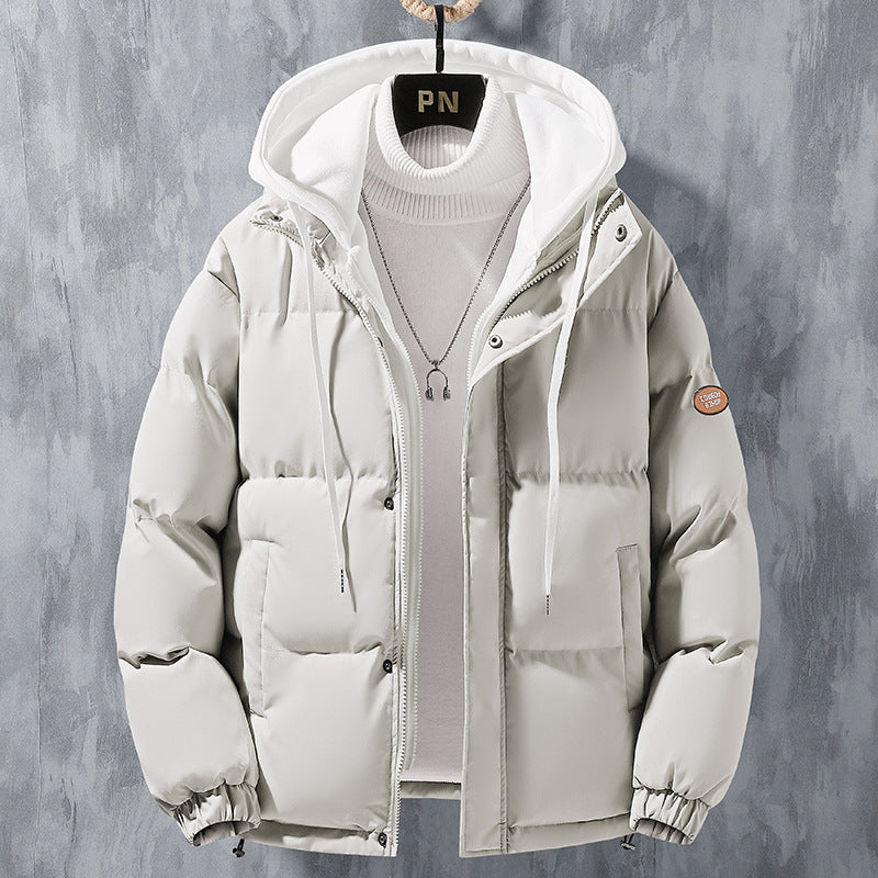 Men’s white hooded puffer jacket with front zipper, hood, and ribbed knit inner collar