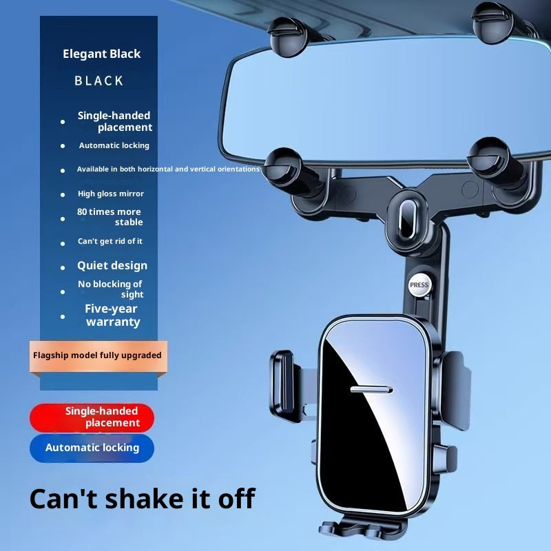 Black clip-on rearview mirror phone holder with secure cradle and mounting clips