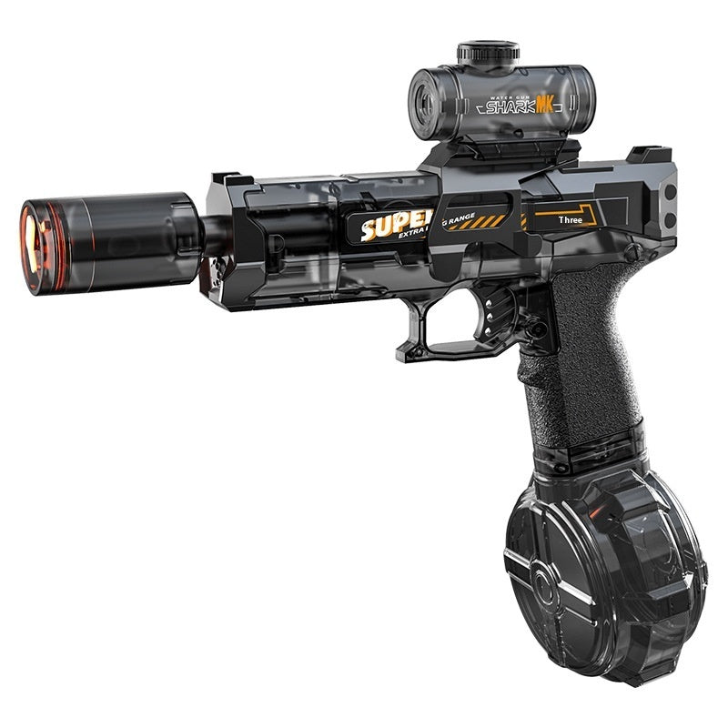 Black electric water gun with clear water drum and top scope module