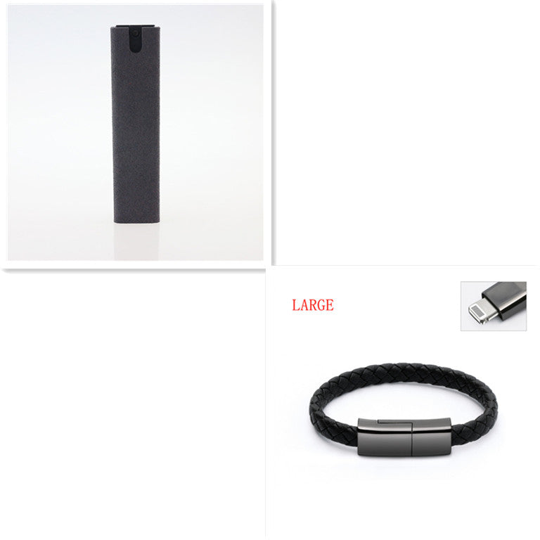 Black microfiber screen cleaner cylinder with braided strap and metal clasp