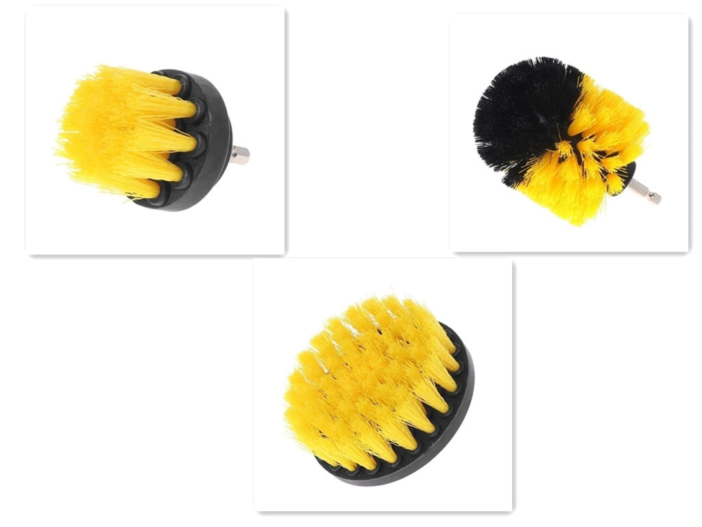 Set of drill brushes with yellow bristles and black mounts, multiple head sizes