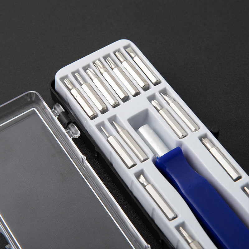 Screwdriver bit set tray with assorted metal bits and blue-handled driver