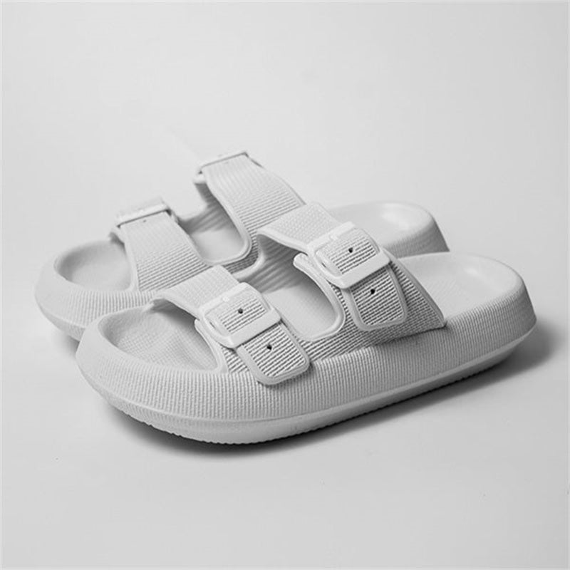 White thick-soled EVA slide sandals with two adjustable buckle straps