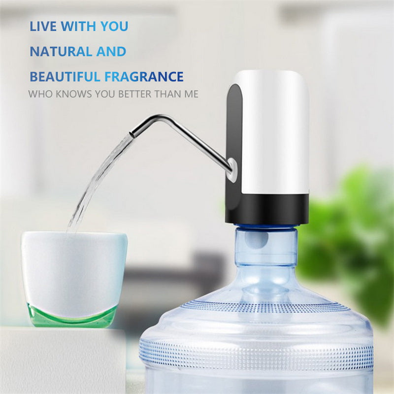 Automatic electric water bottle pump topper with white body, black base, and metal spout