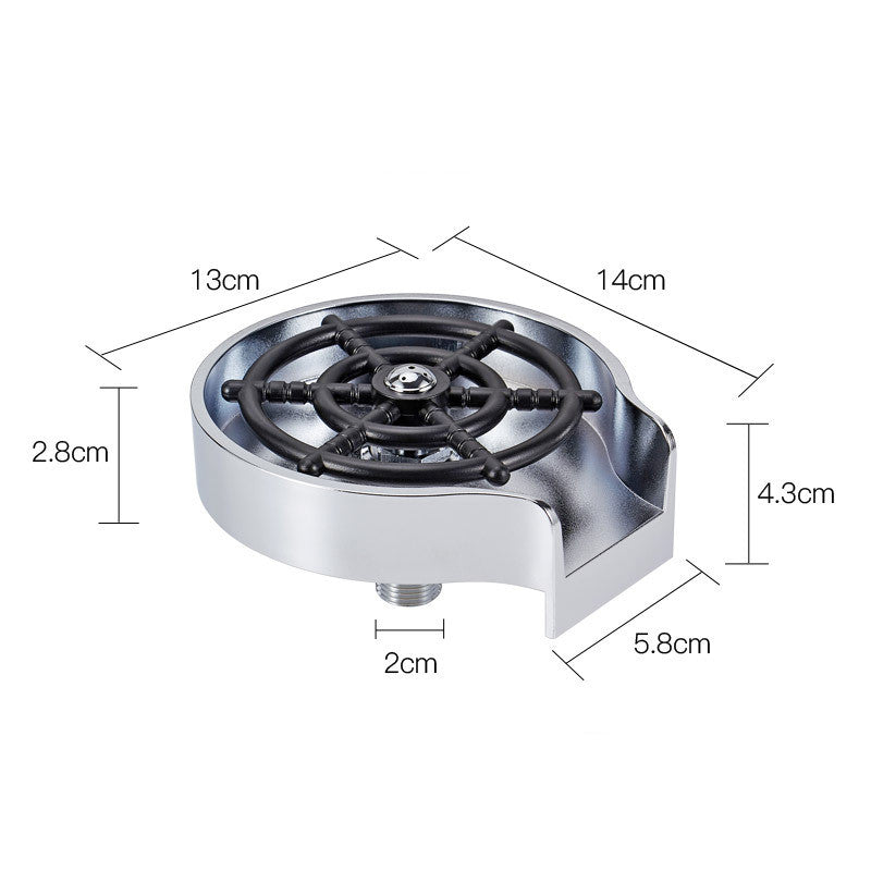 Cup washer base with silver shell and black sprayer wheel and threaded water connection