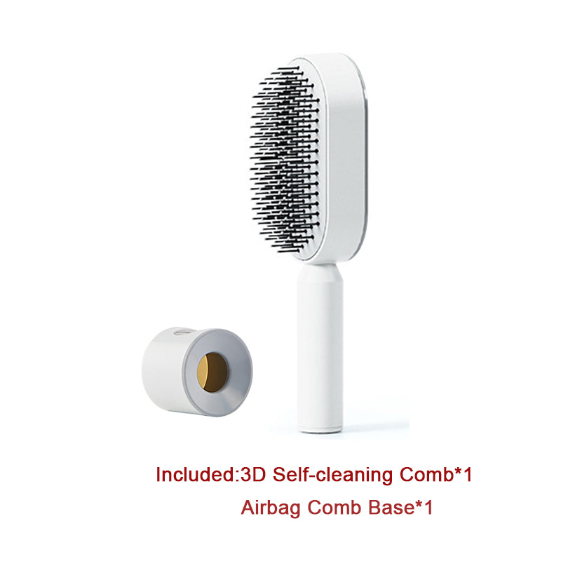 Self-cleaning airbag hair brush with white handle and black bristle head, with base
