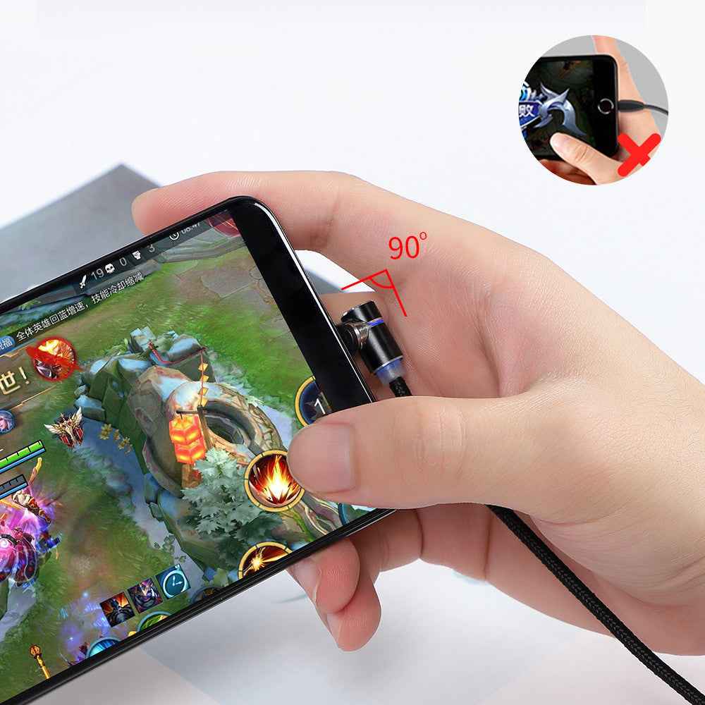 Magnetic charging cable connected to a smartphone, black braided cord