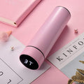 Light pink insulated vacuum bottle with LED temperature display on dark end cap