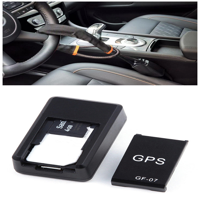 GPS car tracker with black holder and GF-07 module shown near vehicle console