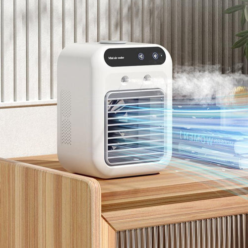 Portable mini air cooler with front air outlet and mist airflow effect, white body