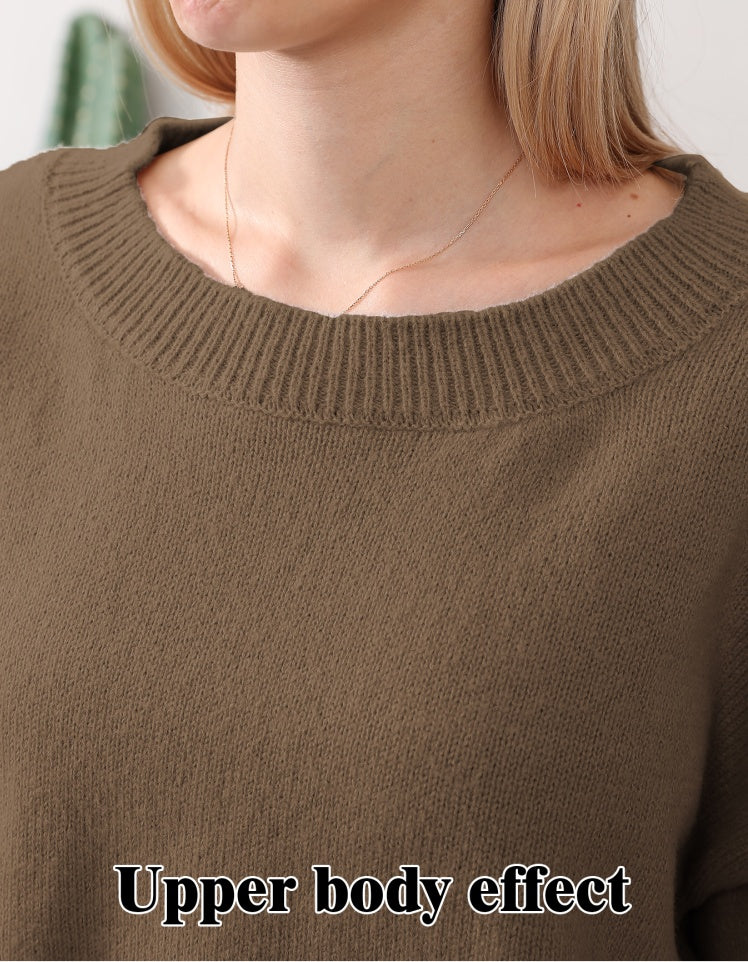 Women's home clothing set camel-brown knit crew neckline, sweater top close-up