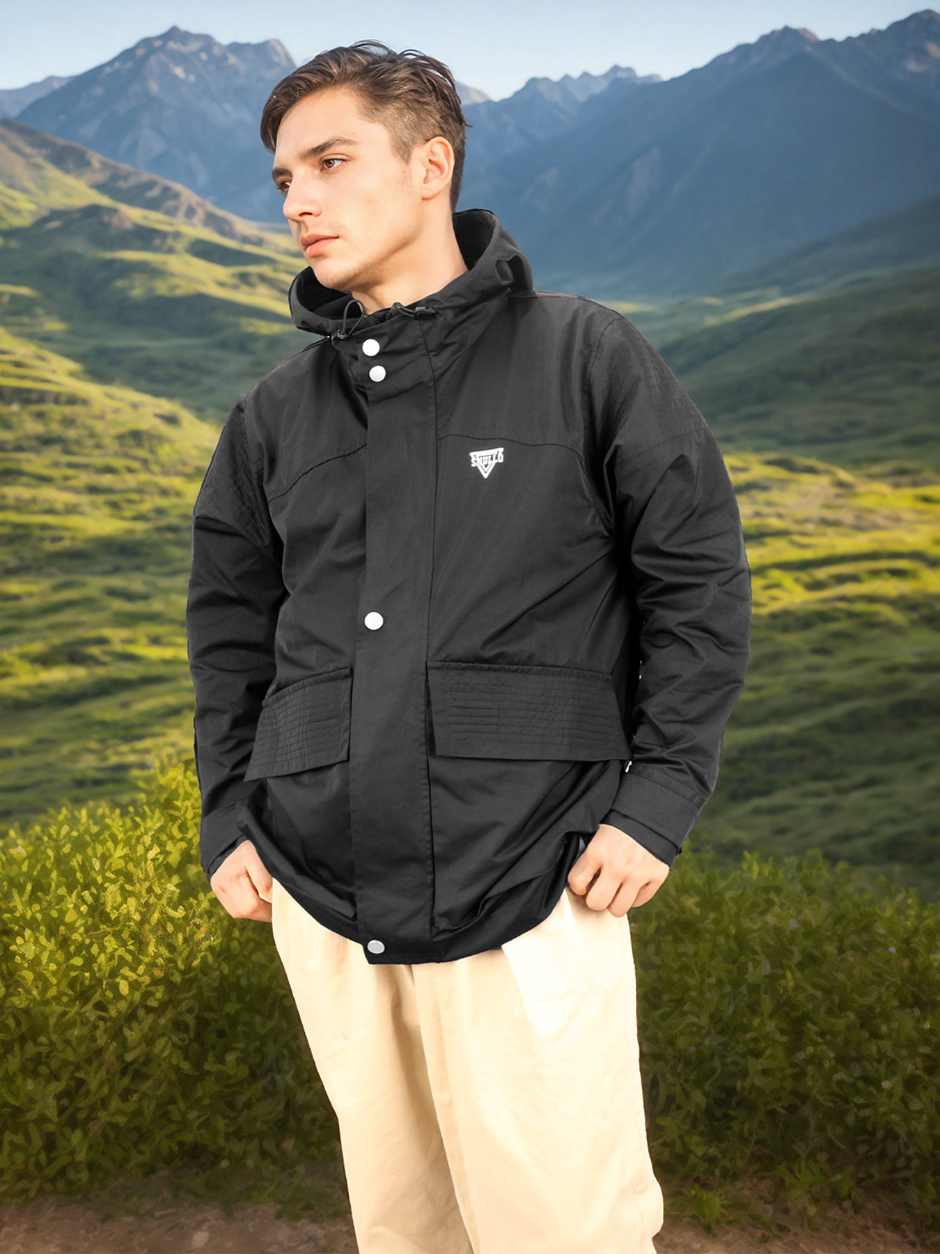 Black hooded rain jacket on model outdoors, chest logo patch and snap front