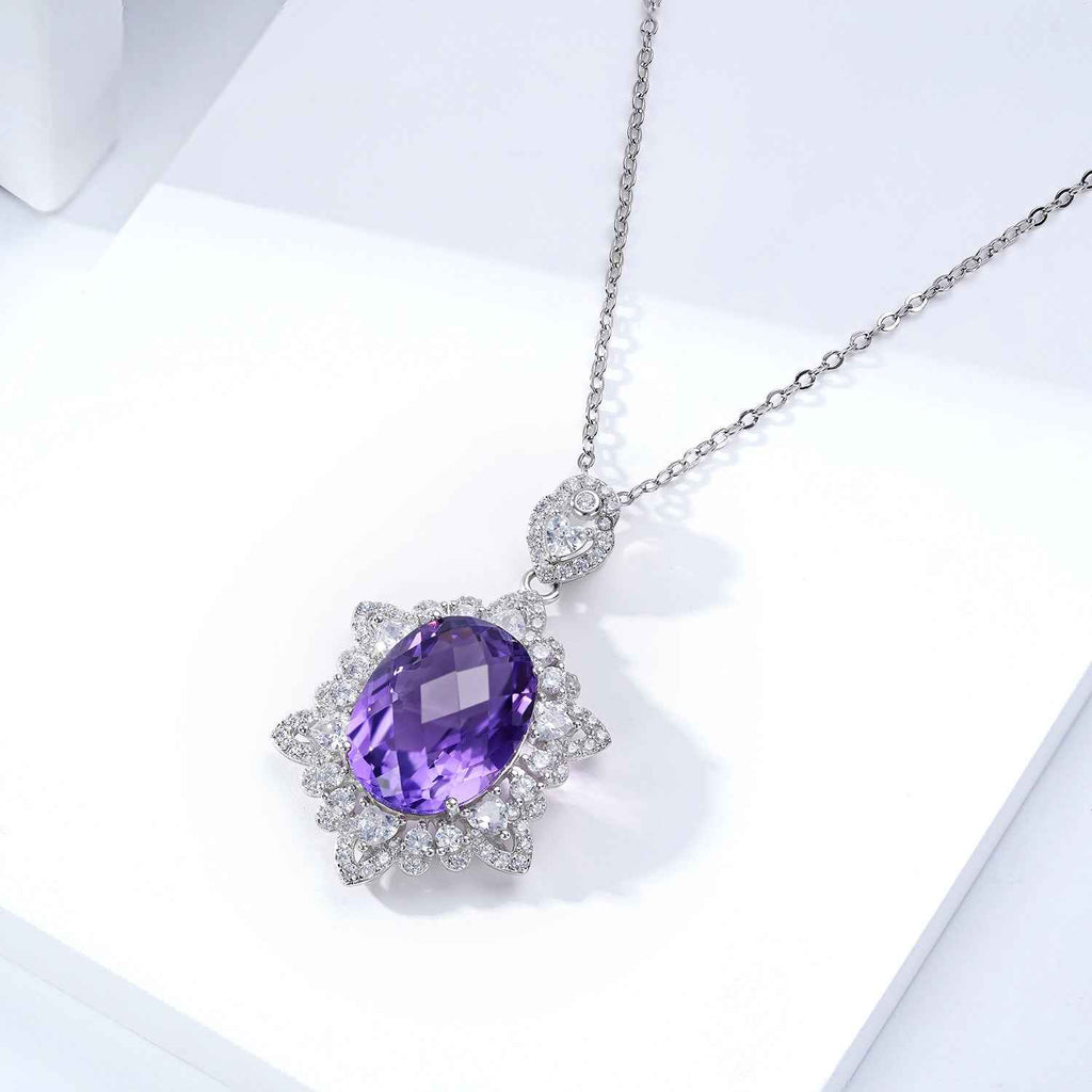 925 silver amethyst pendant necklace with purple oval stone, diamond halo and split bail