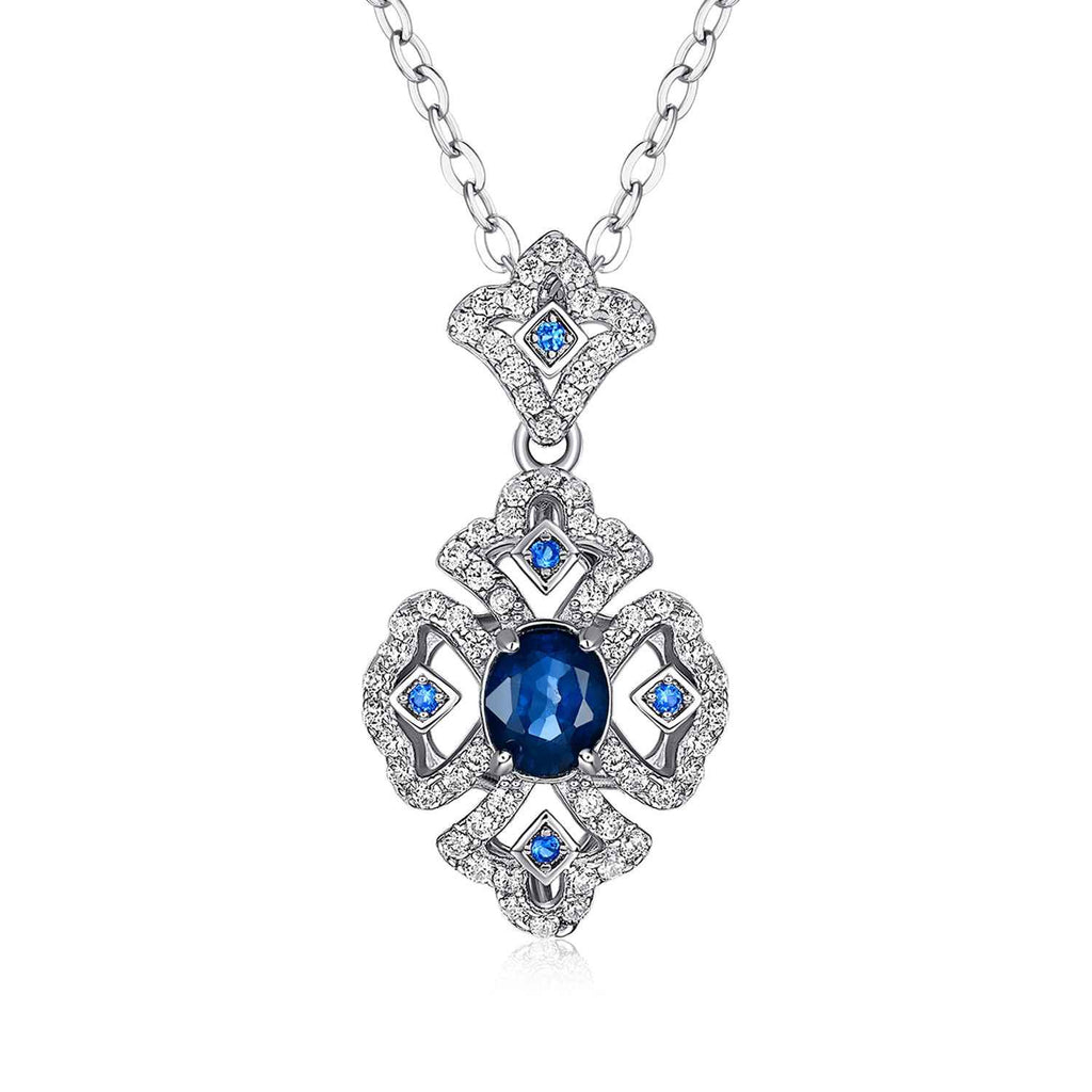 Silver necklace with blue sapphire center and retro geometric pendant