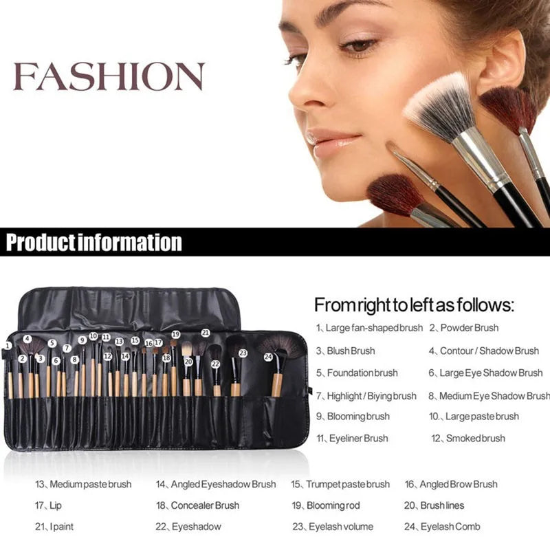 Makeup brush set with multiple fluffy and angled brushes for face and eye makeup