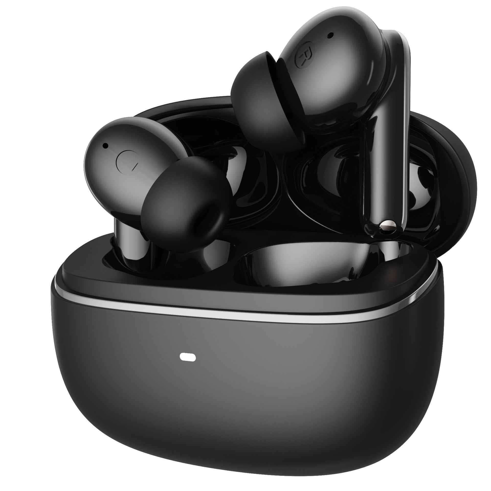 Black wireless Bluetooth in-ear headphones with charging case, two earbuds