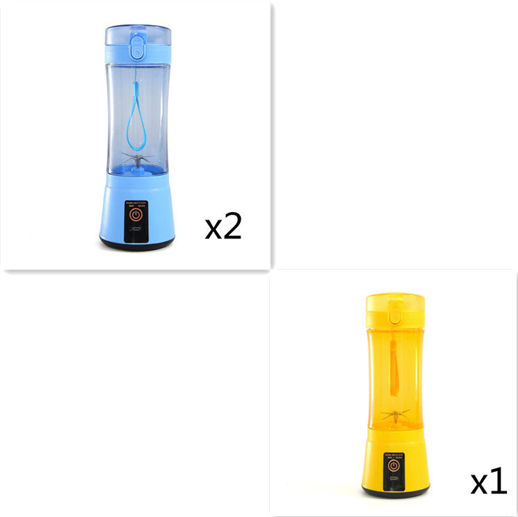 Yellow portable electric fruit juicer with clear blending cup and compact mini blender base