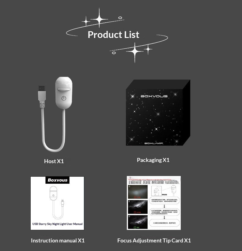 USB star night light lamp bundle with charging cable and box packaging