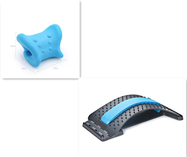 Blue lumbar traction cushion pad with raised bumps and cutout grips.
