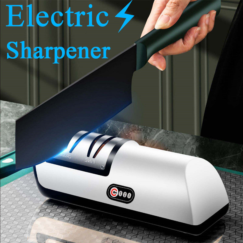 USB rechargeable electric knife sharpener with white body and black base, adjustable slot
